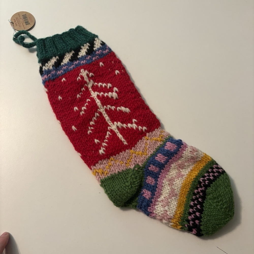 Hand Knitted Wool Christmas Stocking Handmade In Nepal Tree New With Tags